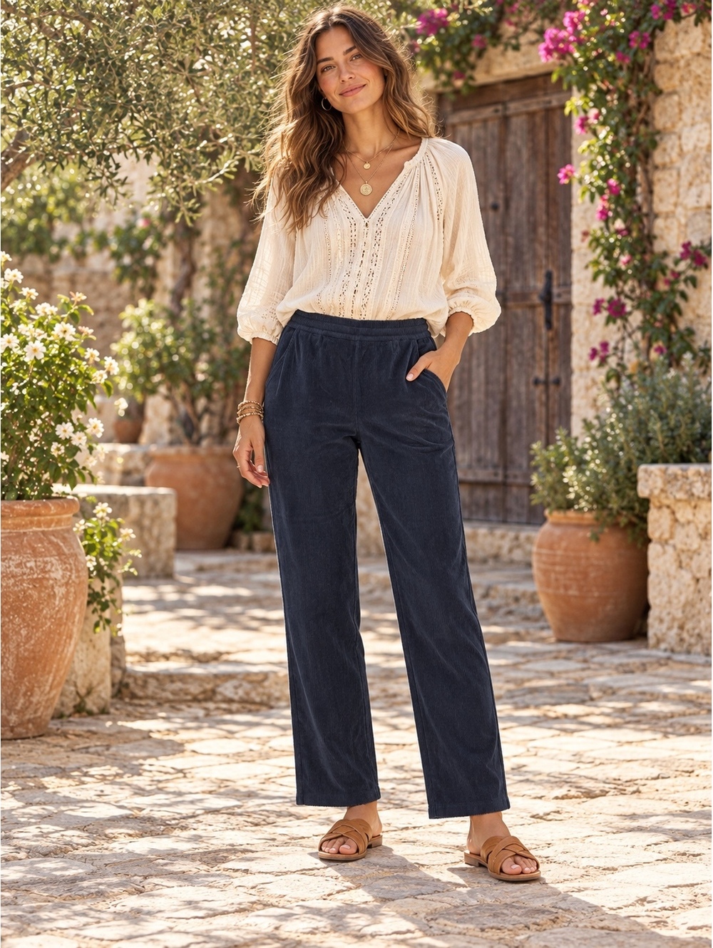 L.L.Bean Women’s Petite Large Navy Corduroy Pull-On Pants